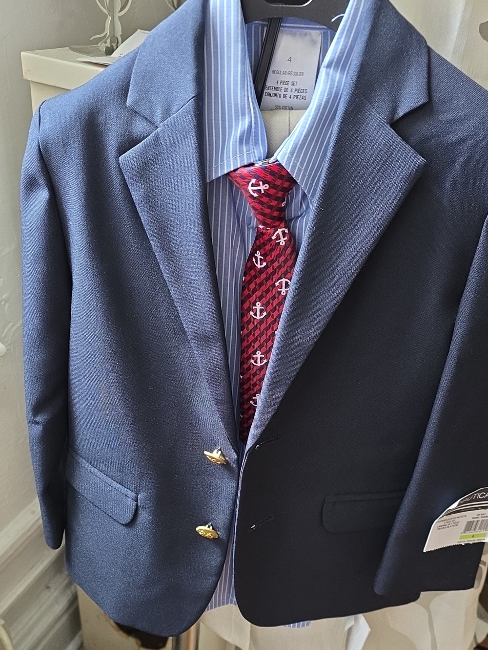 Nautica Navy Suit with Khaki Pants Gold Buttons and Red Anchor Tie